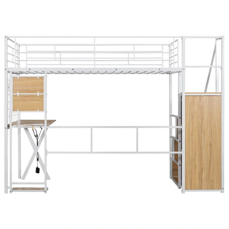 Gaming Metal Loft Bed with Built-in Work Station & Wardrobe, Heavy Duty Loft Bed Frame with Storage Staircase and LED Lights