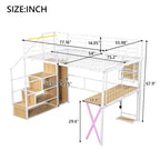 Gaming Metal Loft Bed with Built-in Work Station & Wardrobe, Heavy Duty Loft Bed Frame with Storage Staircase and LED Lights