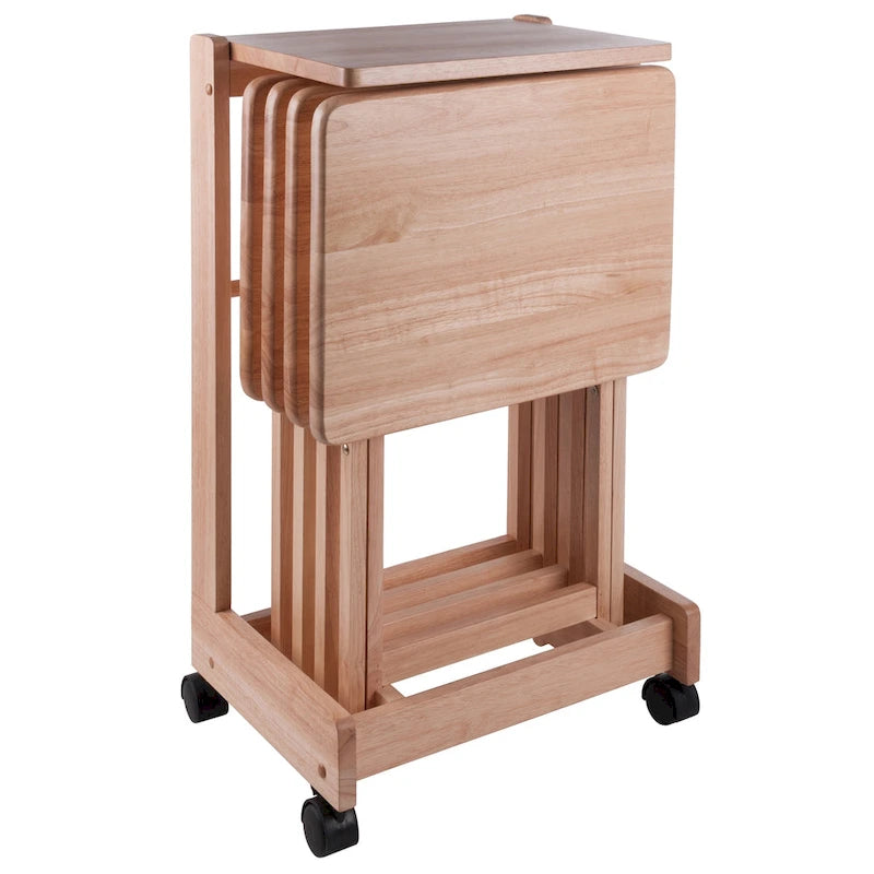 5 Pc Natural Wood Brienda Flip Top Snack Table Set with Mobile Stand 32
