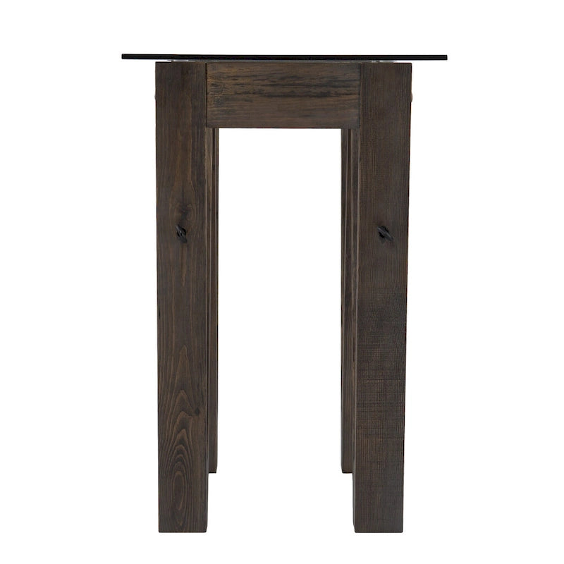 Table console en bois recyclé et verre transparent avec piètement abstrait – 46 L x 18 P x 29,5 H