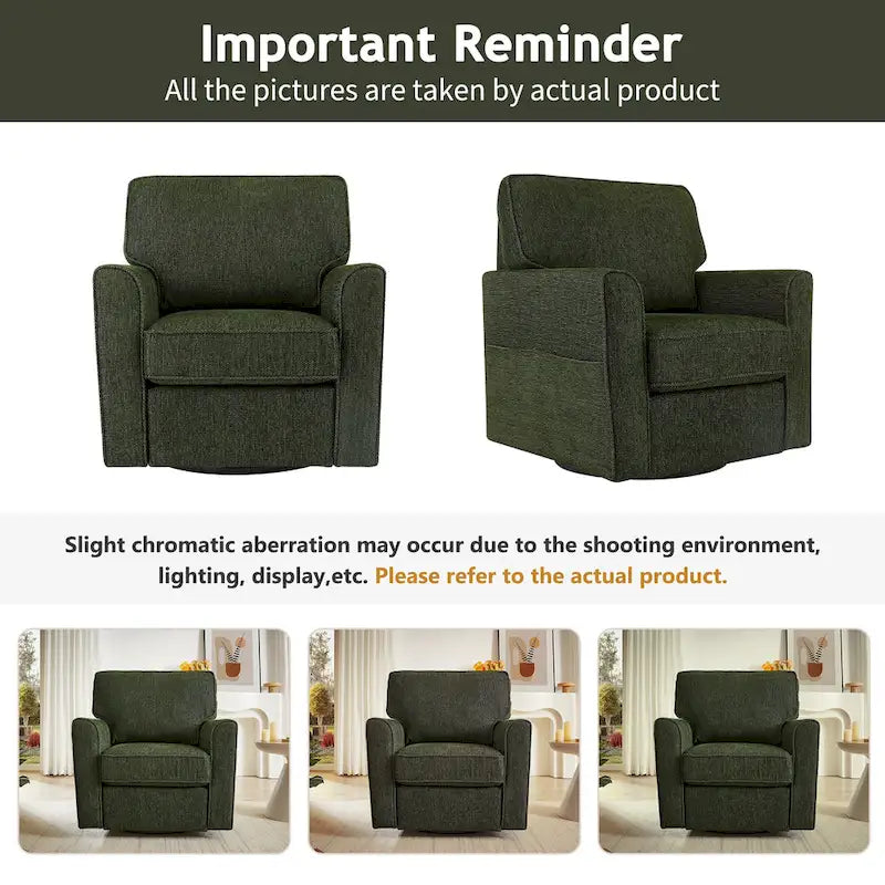 Chenille 360 Swivel Lounge Chair, Modern Armchair with Side Pockets Swivel Sofa Chair Ergonomic Recliner Chair for Bedroom