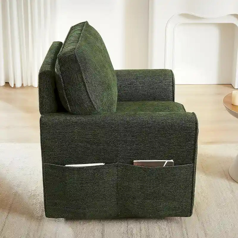 Chenille 360 Swivel Lounge Chair, Modern Armchair with Side Pockets Swivel Sofa Chair Ergonomic Recliner Chair for Bedroom