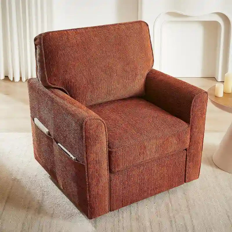 Chenille 360 Swivel Lounge Chair, Modern Armchair with Side Pockets Swivel Sofa Chair Ergonomic Recliner Chair for Bedroom