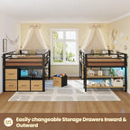 Twin Size Low Loft Bed with 6 Fabric Storage Drawers LED Lights