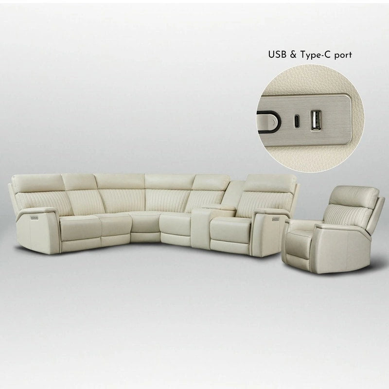 105 W Genuine Leather Power Sectional with Recliner Sofa Set with Single Console, USB&USB-C Ports, 1 Power ArmlessChair