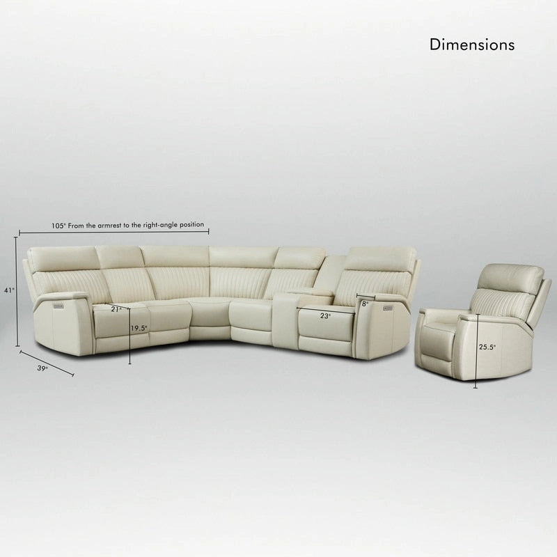 105 W Genuine Leather Power Sectional with Recliner Sofa Set with Single Console, USB&USB-C Ports, 1 Power ArmlessChair