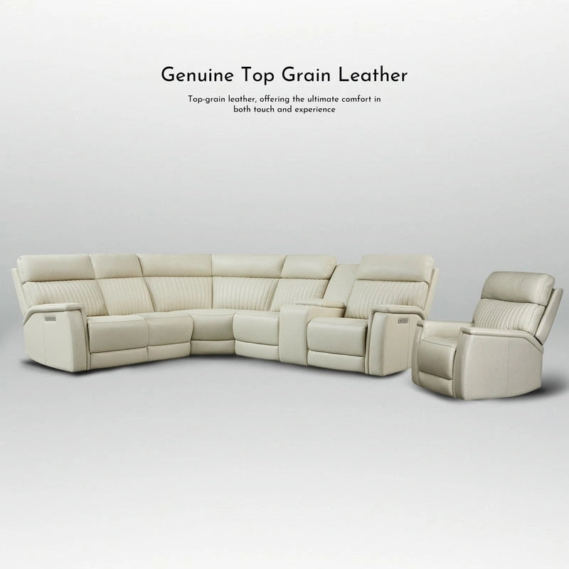 105 W Genuine Leather Power Sectional with Recliner Sofa Set with Single Console, USB&USB-C Ports, 1 Power ArmlessChair