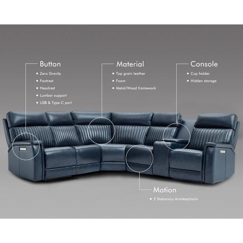 105 W Genuine Leather Power Sectional with Recliner Sofa Set with Single Console, USB&USB-C Ports, 1 Power ArmlessChair