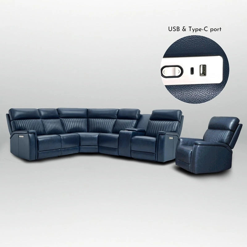 105 W Genuine Leather Power Sectional with Recliner Sofa Set with Single Console, USB&USB-C Ports, 1 Power ArmlessChair