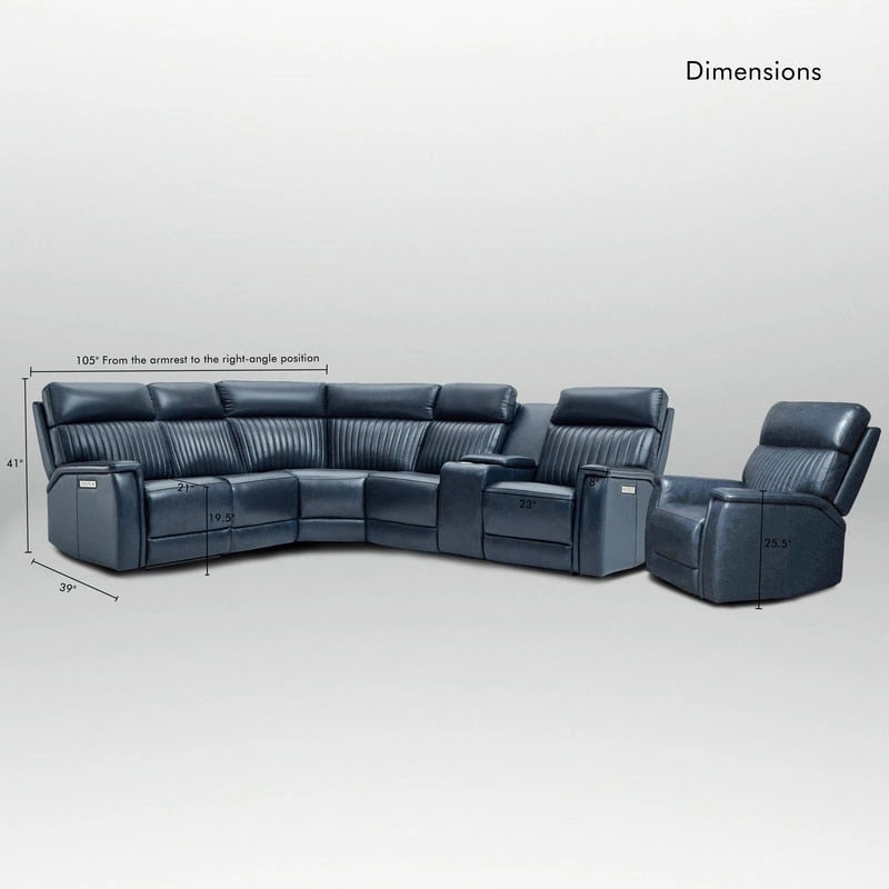 105 W Genuine Leather Power Sectional with Recliner Sofa Set with Single Console, USB&USB-C Ports, 1 Power ArmlessChair