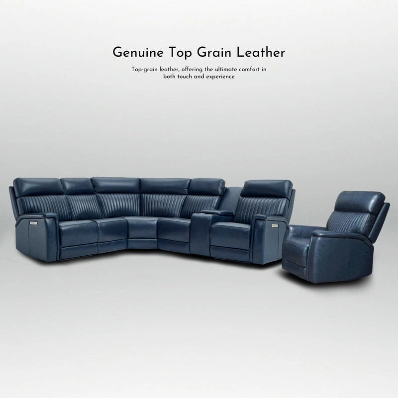 105 W Genuine Leather Power Sectional with Recliner Sofa Set with Single Console, USB&USB-C Ports, 1 Power ArmlessChair