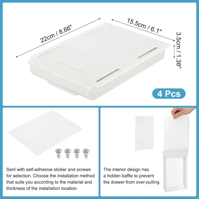 4 Pcs Self-Adhesive Under Desk Drawer for Standing Desk Office - 8.66 x 6.1 x 1.38 inches