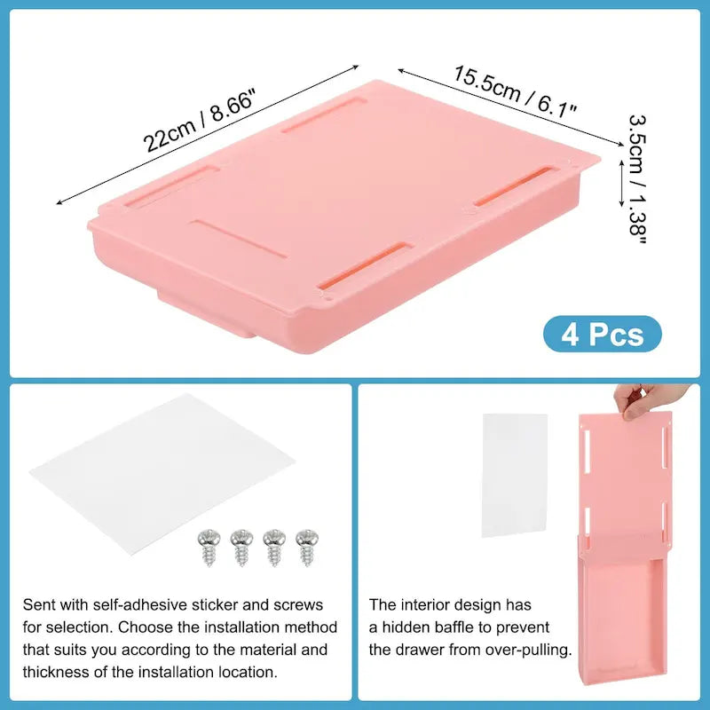 4 Pcs Self-Adhesive Under Desk Drawer for Standing Desk Office - 8.66 x 6.1 x 1.38 inches
