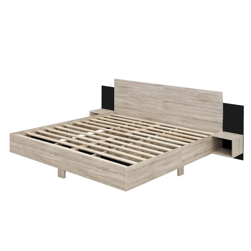 King Size Wooden Floating Platform Bed with Bedside Nightstand Modern LED King Size Bed Frame Wooden Slats Support