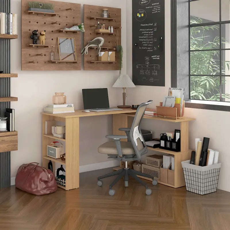 L Shaped Corner Desk, 360 Degree Rotating Home Office Desk with Storage Shelve