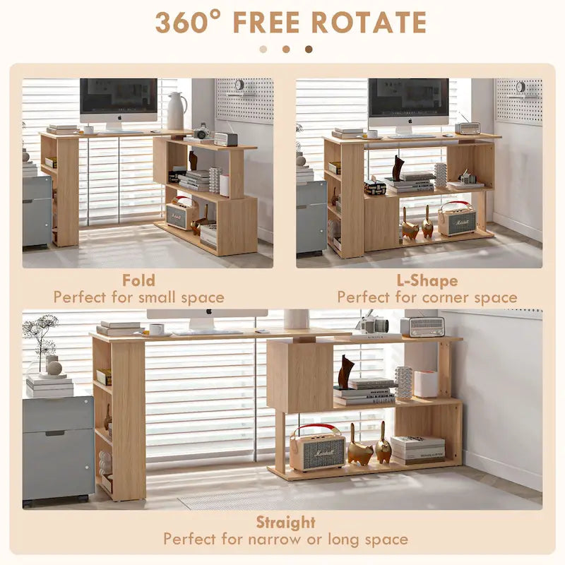 L Shaped Corner Desk, 360 Degree Rotating Home Office Desk with Storage Shelve