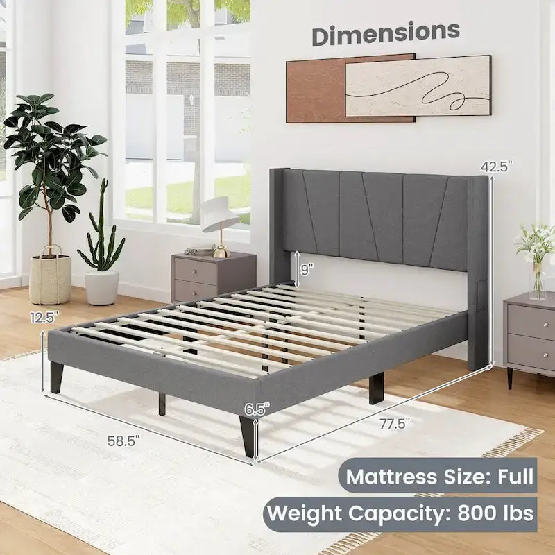 Gymax Full Size Upholstered Bed Frame w/ Elastic Pockets Mattress