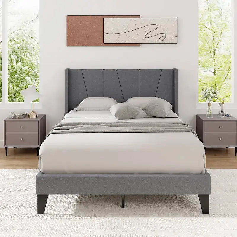 Gymax Full Size Upholstered Bed Frame w/ Elastic Pockets Mattress