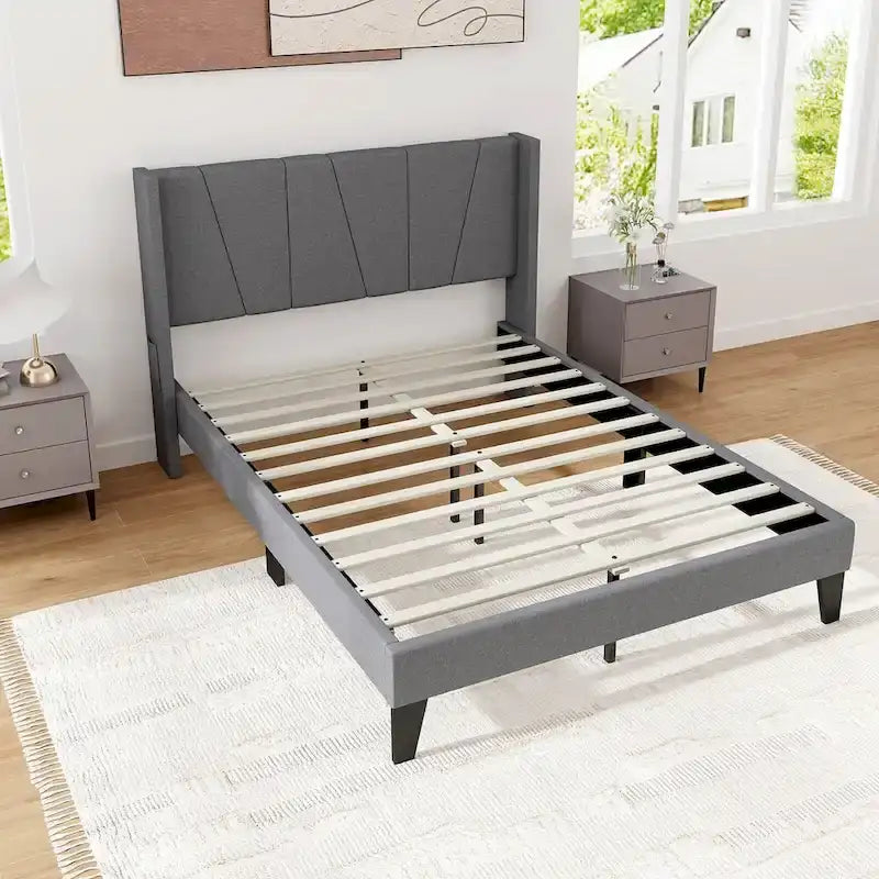 Gymax Full Size Upholstered Bed Frame w/ Elastic Pockets Mattress