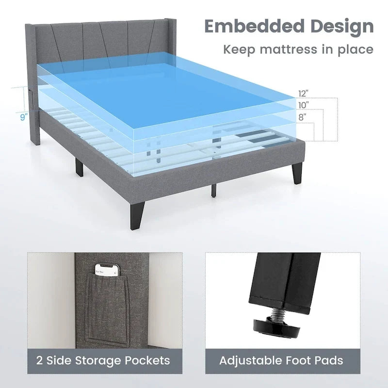 Gymax Full Size Upholstered Bed Frame w/ Elastic Pockets Mattress