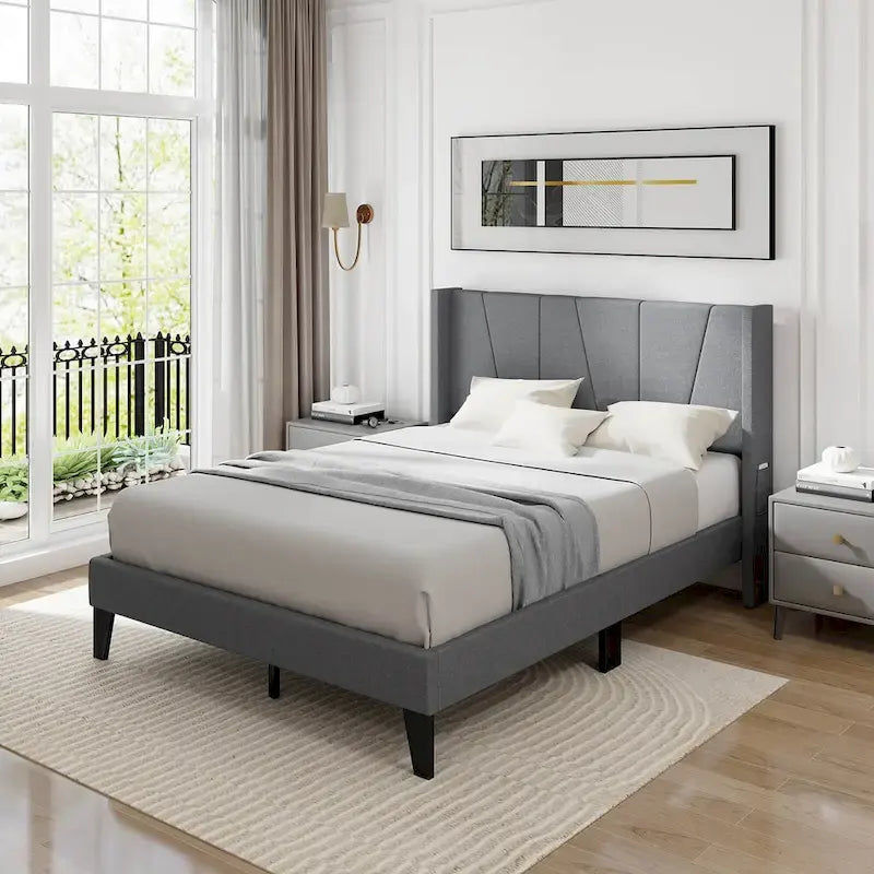 Gymax Full Size Upholstered Bed Frame w/ Elastic Pockets Mattress