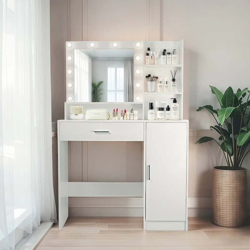 Vanity Desk with Mirror and Lights,with Drawer & Storage Cabinet,3 Lighting Modes Adjustable Brightness,with Open Shelves