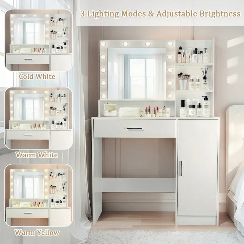 Vanity Desk with Mirror and Lights,with Drawer & Storage Cabinet,3 Lighting Modes Adjustable Brightness,with Open Shelves