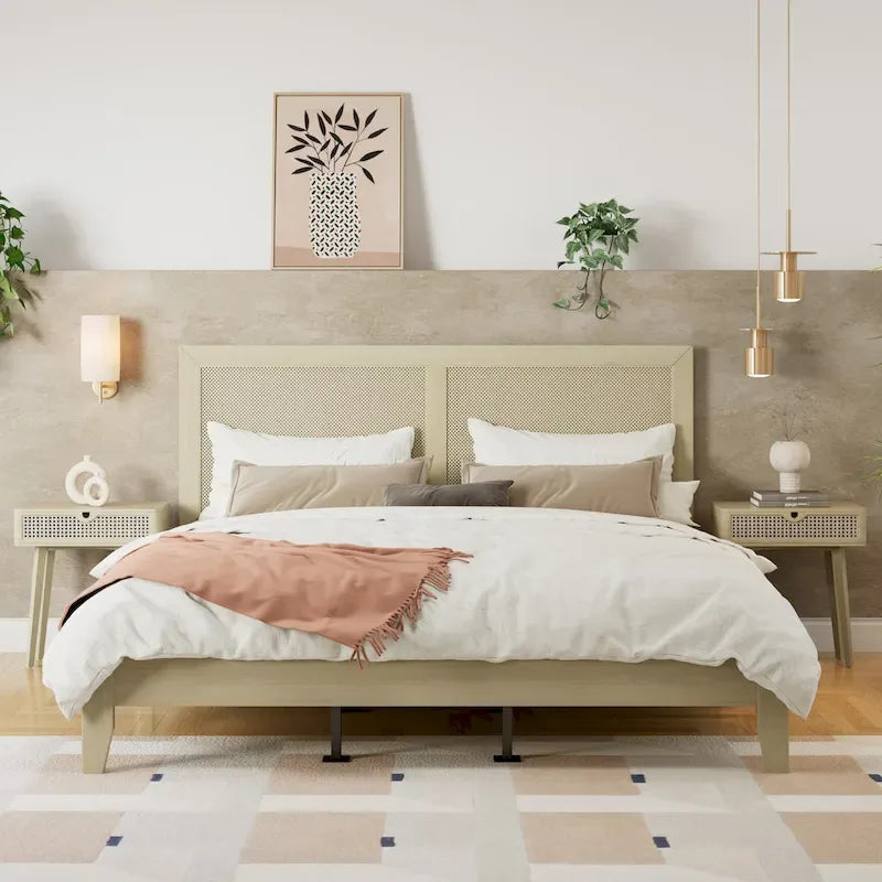 Solid Wood Platform King Bed With Rattan