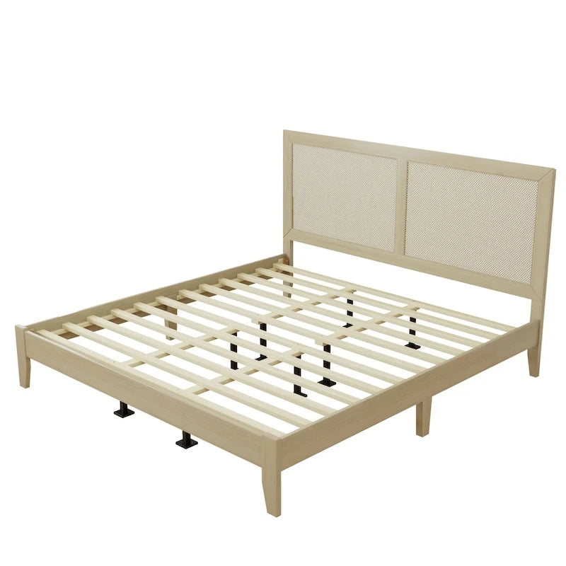 Solid Wood Platform King Bed With Rattan
