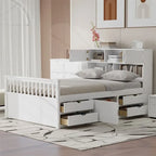 Twin/Full Size Captain Platform Bed with 4 Drawers and Storage Bookcase Headboard, Solid Wood Bed Frame with Storage Shelves