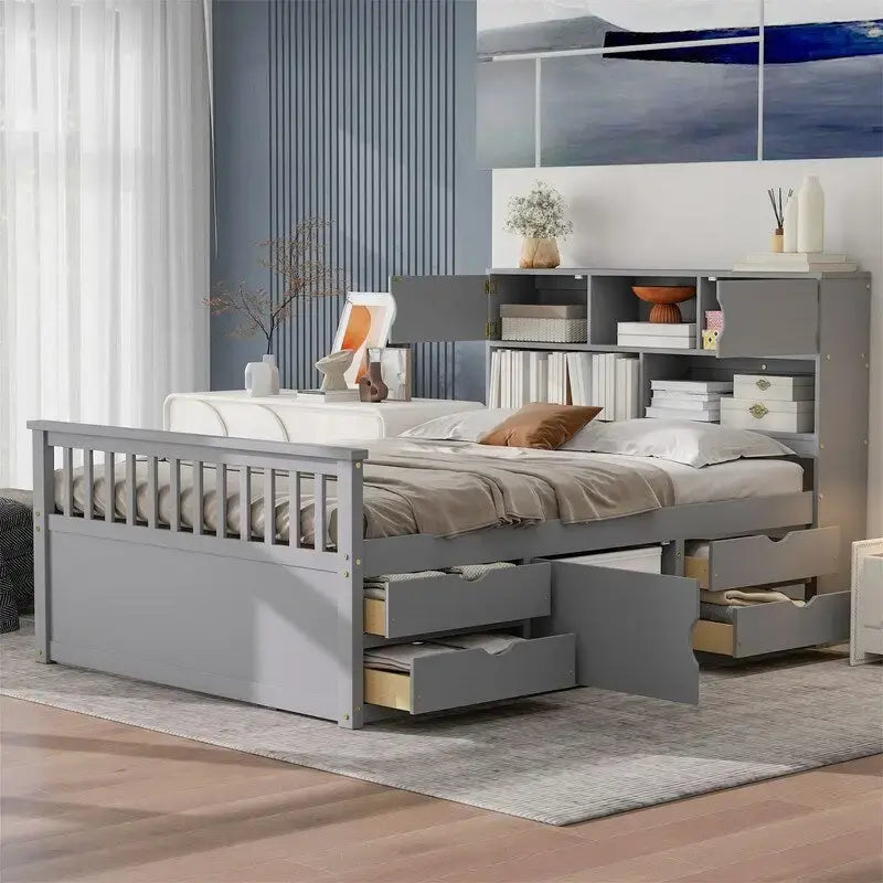 Twin/Full Size Captain Platform Bed with 4 Drawers and Storage Bookcase Headboard, Solid Wood Bed Frame with Storage Shelves