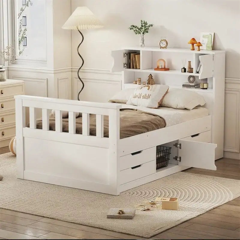 Twin/Full Size Captain Platform Bed with 4 Drawers and Storage Bookcase Headboard, Solid Wood Bed Frame with Storage Shelves
