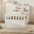 Twin/Full Size Captain Platform Bed with 4 Drawers and Storage Bookcase Headboard, Solid Wood Bed Frame with Storage Shelves