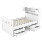 Twin/Full Size Captain Platform Bed with 4 Drawers and Storage Bookcase Headboard, Solid Wood Bed Frame with Storage Shelves