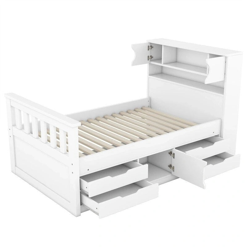 Twin/Full Size Captain Platform Bed with 4 Drawers and Storage Bookcase Headboard, Solid Wood Bed Frame with Storage Shelves