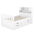 Twin/Full Size Captain Platform Bed with 4 Drawers and Storage Bookcase Headboard, Solid Wood Bed Frame with Storage Shelves