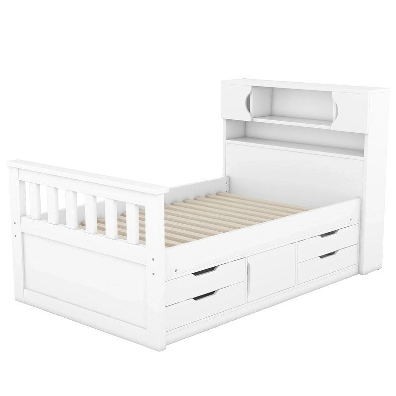Twin/Full Size Captain Platform Bed with 4 Drawers and Storage Bookcase Headboard, Solid Wood Bed Frame with Storage Shelves