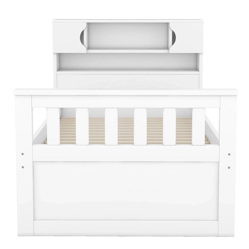 Twin/Full Size Captain Platform Bed with 4 Drawers and Storage Bookcase Headboard, Solid Wood Bed Frame with Storage Shelves