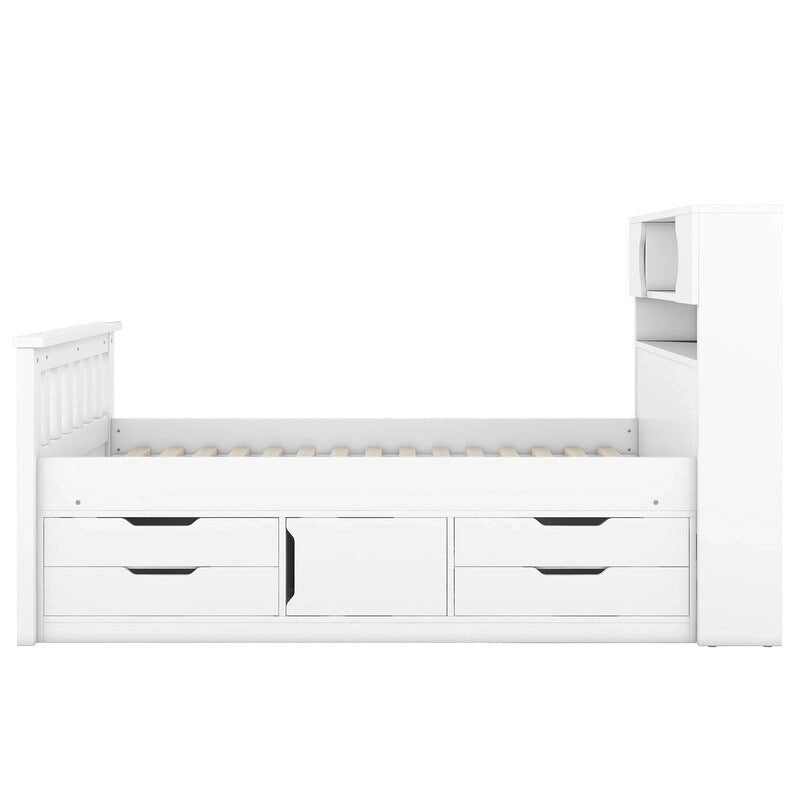 Twin/Full Size Captain Platform Bed with 4 Drawers and Storage Bookcase Headboard, Solid Wood Bed Frame with Storage Shelves