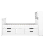 Twin/Full Size Captain Platform Bed with 4 Drawers and Storage Bookcase Headboard, Solid Wood Bed Frame with Storage Shelves