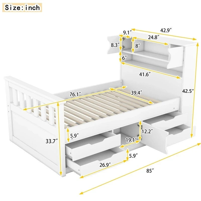 Twin/Full Size Captain Platform Bed with 4 Drawers and Storage Bookcase Headboard, Solid Wood Bed Frame with Storage Shelves