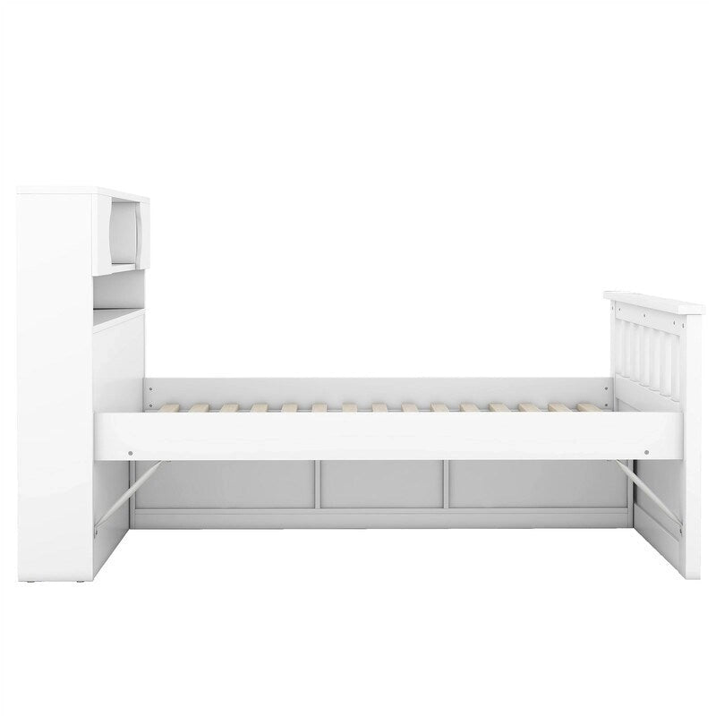 Twin/Full Size Captain Platform Bed with 4 Drawers and Storage Bookcase Headboard, Solid Wood Bed Frame with Storage Shelves
