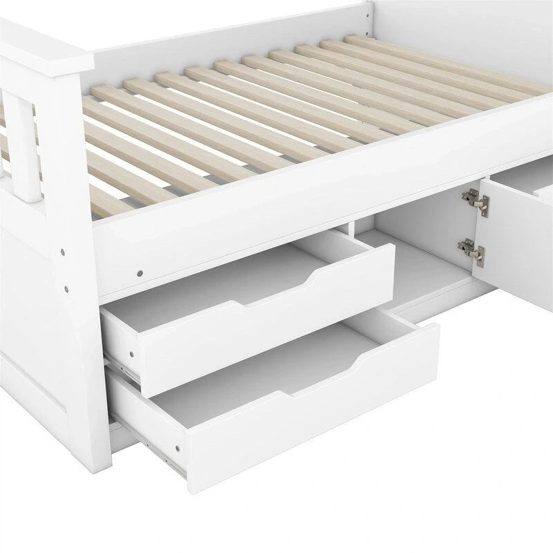 Twin/Full Size Captain Platform Bed with 4 Drawers and Storage Bookcase Headboard, Solid Wood Bed Frame with Storage Shelves