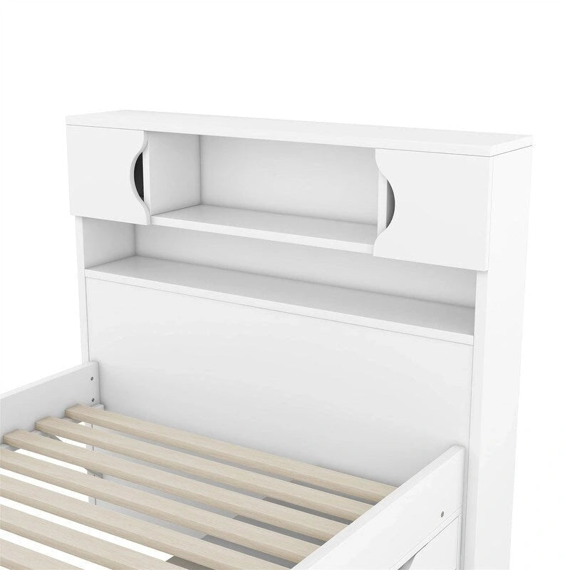 Twin/Full Size Captain Platform Bed with 4 Drawers and Storage Bookcase Headboard, Solid Wood Bed Frame with Storage Shelves