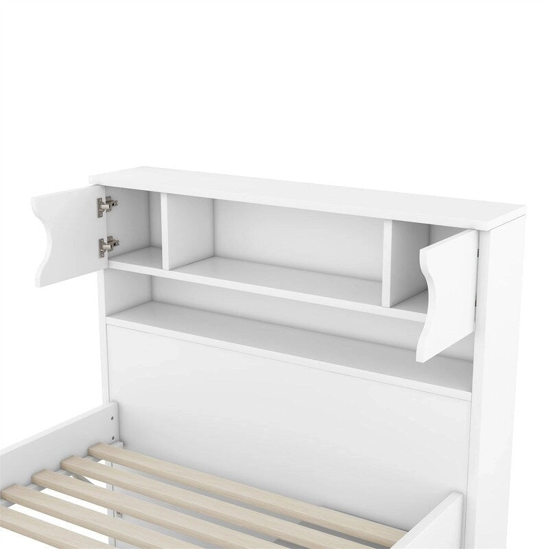 Twin/Full Size Captain Platform Bed with 4 Drawers and Storage Bookcase Headboard, Solid Wood Bed Frame with Storage Shelves