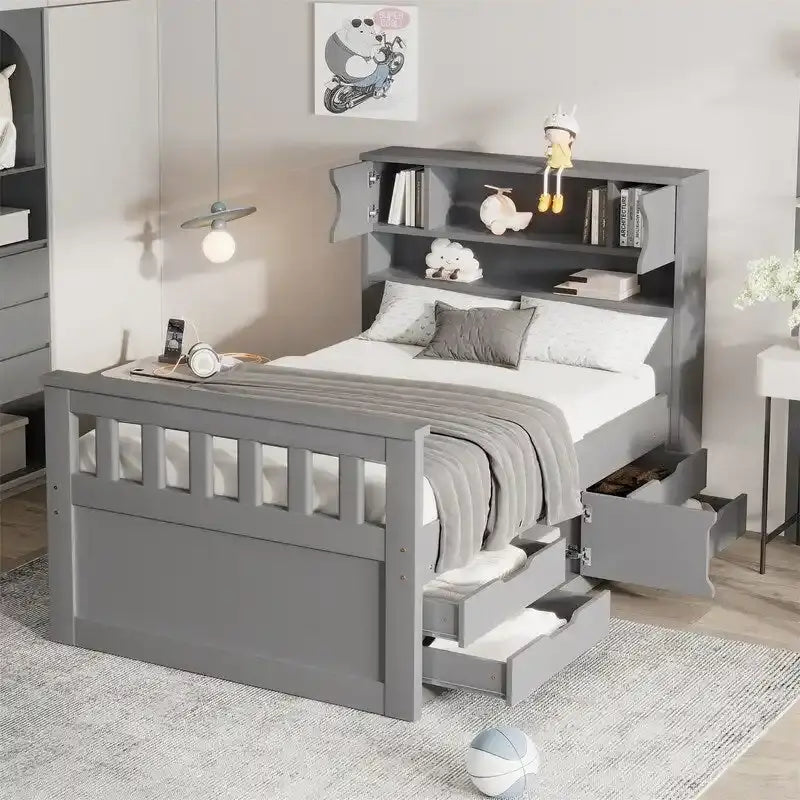 Twin/Full Size Captain Platform Bed with 4 Drawers and Storage Bookcase Headboard, Solid Wood Bed Frame with Storage Shelves