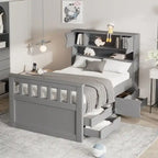 Twin/Full Size Captain Platform Bed with 4 Drawers and Storage Bookcase Headboard, Solid Wood Bed Frame with Storage Shelves