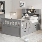 Twin/Full Size Captain Platform Bed with 4 Drawers and Storage Bookcase Headboard, Solid Wood Bed Frame with Storage Shelves