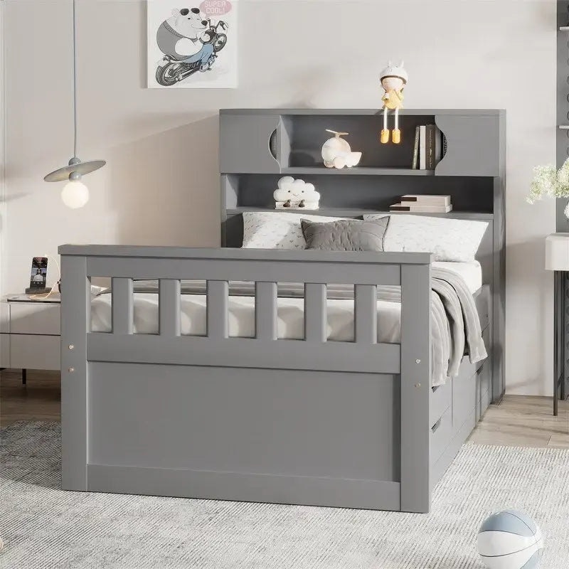 Twin/Full Size Captain Platform Bed with 4 Drawers and Storage Bookcase Headboard, Solid Wood Bed Frame with Storage Shelves