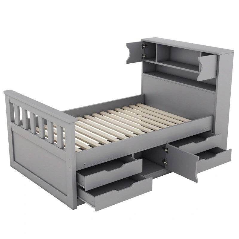 Twin/Full Size Captain Platform Bed with 4 Drawers and Storage Bookcase Headboard, Solid Wood Bed Frame with Storage Shelves